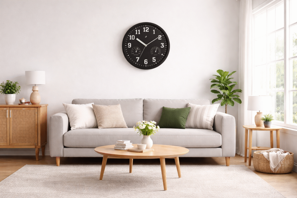 Sala moderna e iluminada com relógio preto - Fuente: Lidl, adaptación: ChatGPT